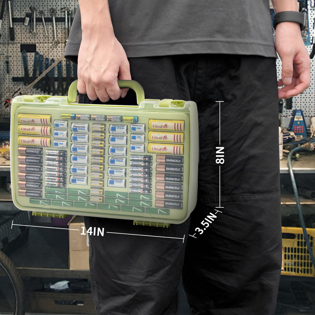Lime green 269-slot battery organizer case carried by the handle with case dimensions shown