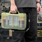 Lime green 269-slot battery organizer case carried by the handle with case dimensions shown
