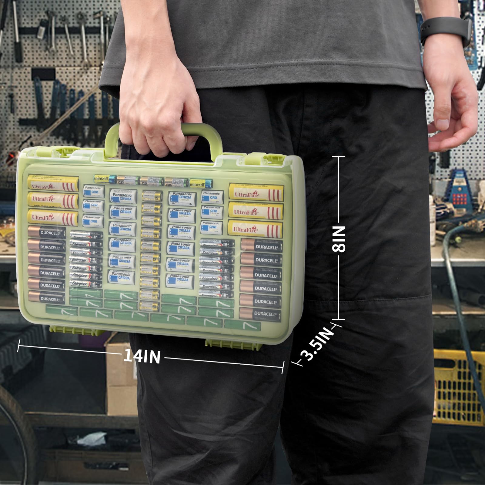Lime green 269-slot battery organizer case carried by the handle with case dimensions shown