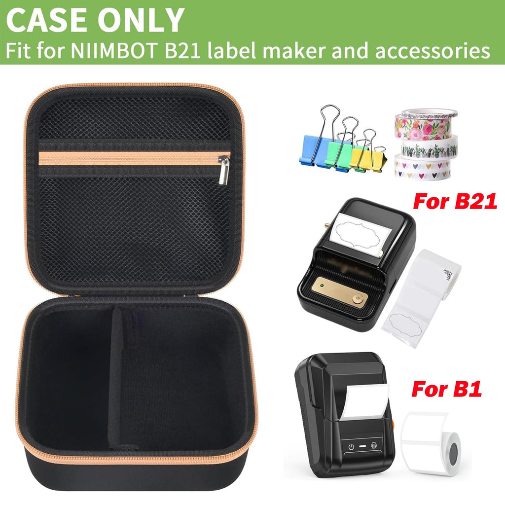 Open black and tan NIIMBOT B21 and B1 label maker case with mesh pocket and divided interior; case only