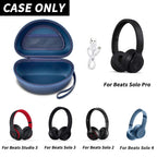 Open navy blue foldable headphone case shown with compatible Beats Solo and Studio headphones; case only
