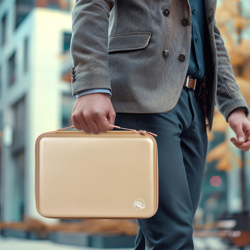 Person carrying the beige professional clipper case by its top handle