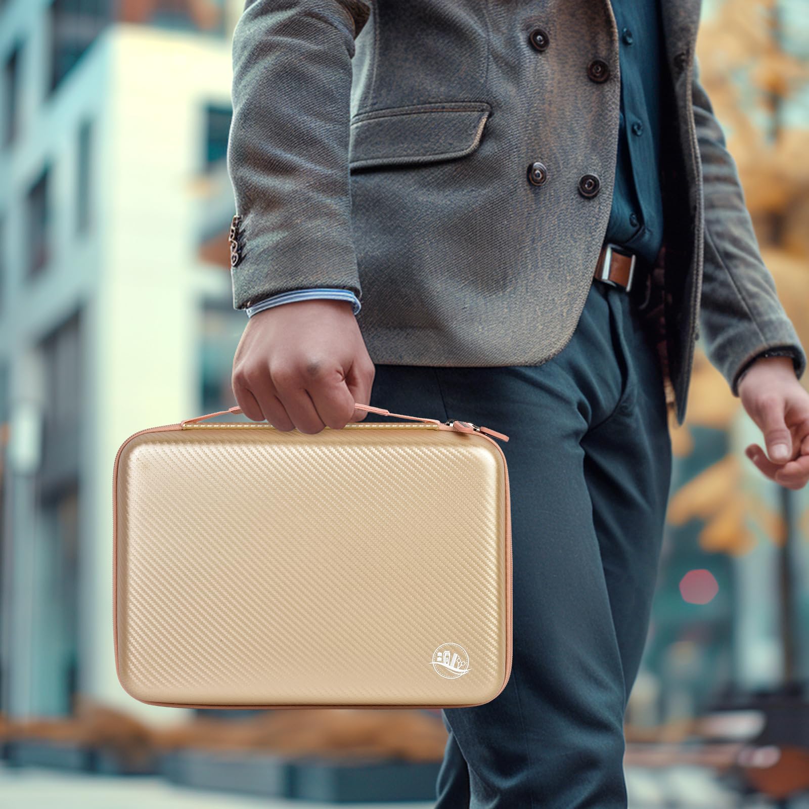 Person carrying the beige professional clipper case by its top handle