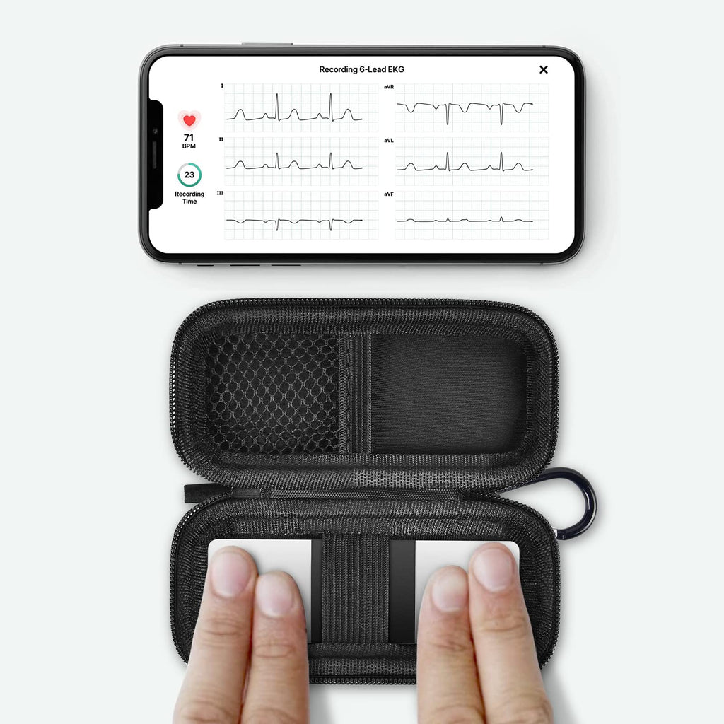 KardiaMobile 6L device used inside the open black travel case without removal