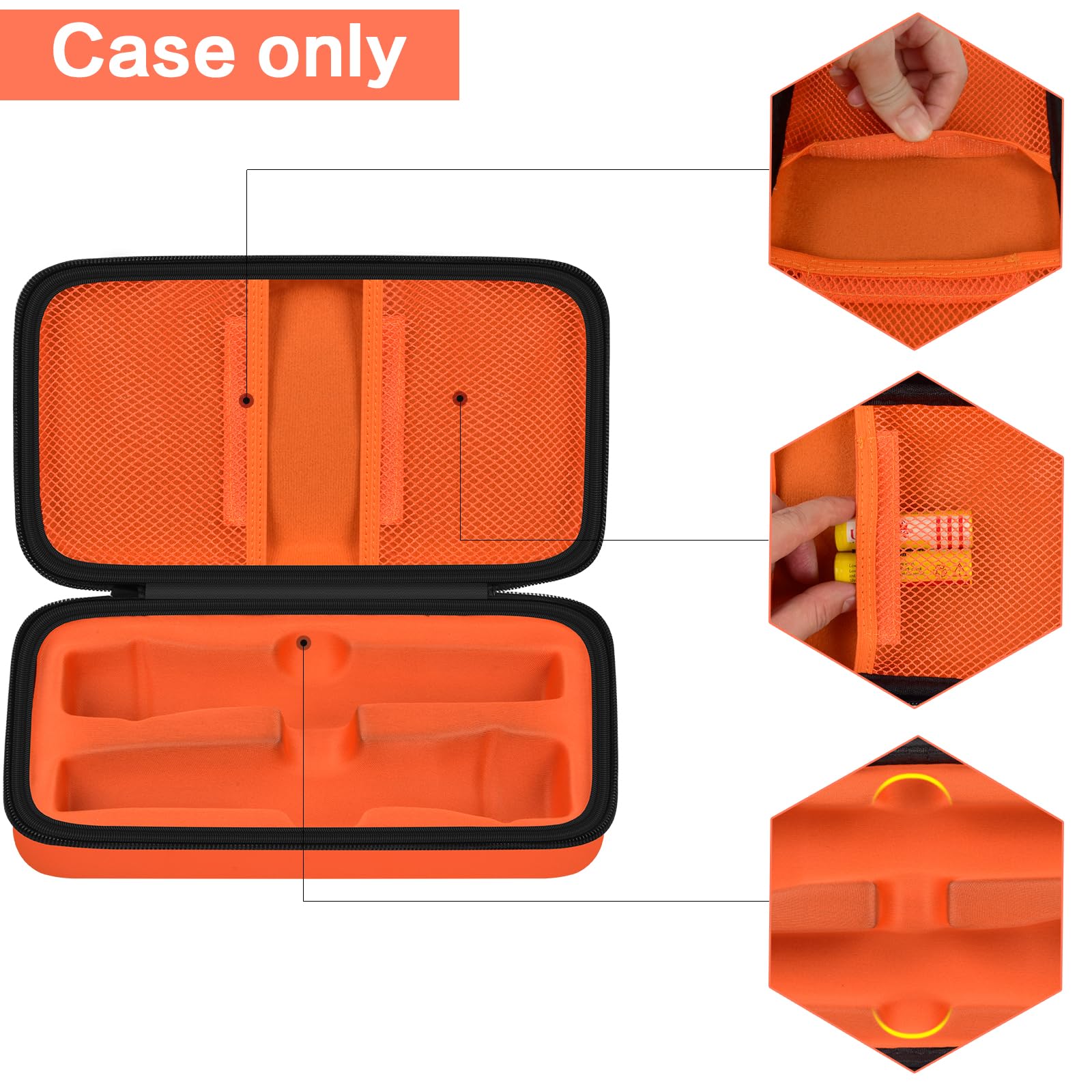 Open orange microphone organizer showing mesh pockets and molded dual-mic compartments; case only
