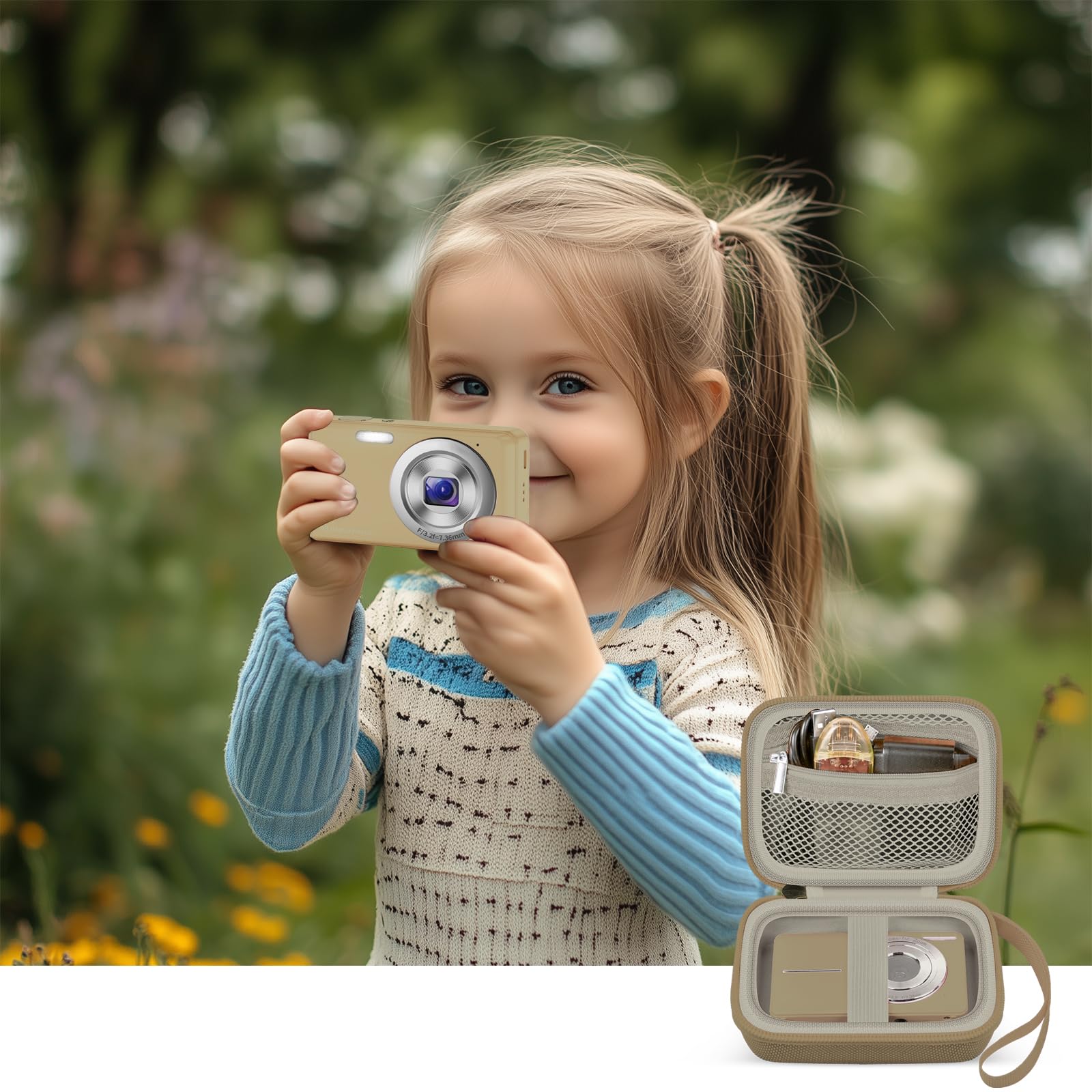 Khaki protective digital camera case shown beside a child taking photos outdoors