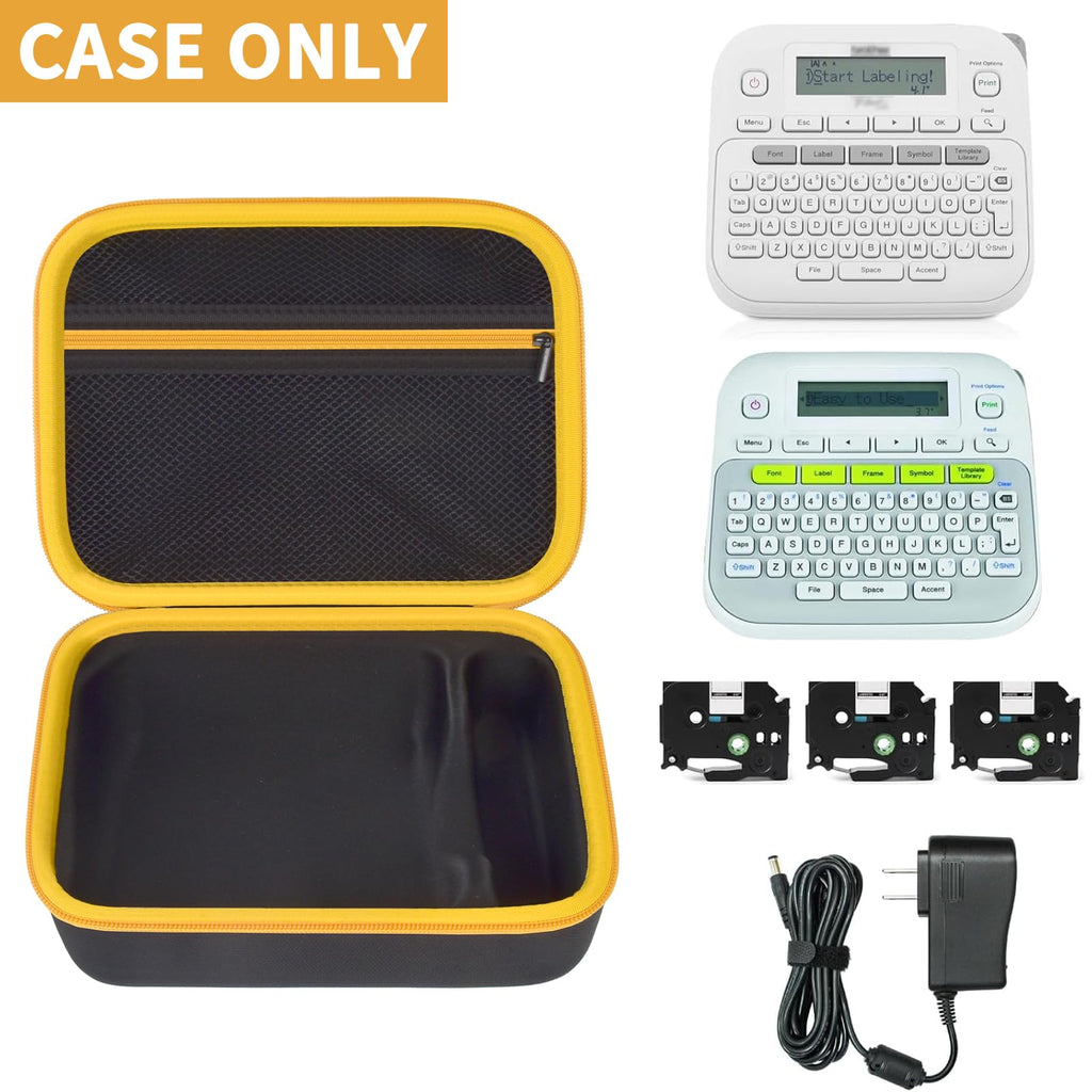 Open black and yellow P-touch label maker case with mesh pocket; case only