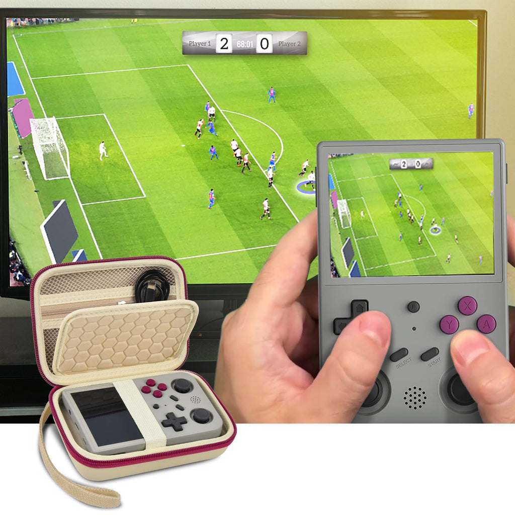 Beige with burgundy trim retro handheld console carrying case shown open beside a handheld console during gameplay