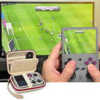 Beige with burgundy trim retro handheld console carrying case shown open beside a handheld console during gameplay