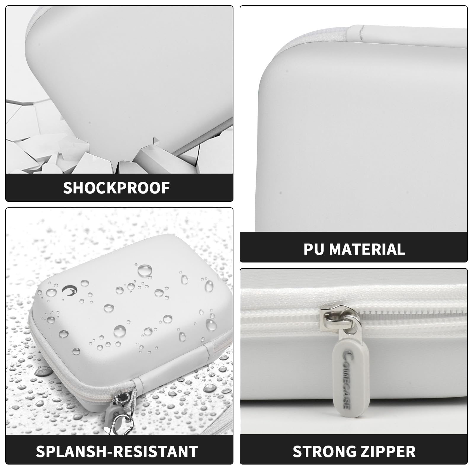 White camera case with shockproof PU shell, splash resistance, and strong zipper
