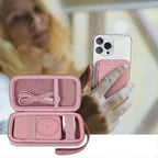 Pink carrying case beside a phone using a magnetic power bank