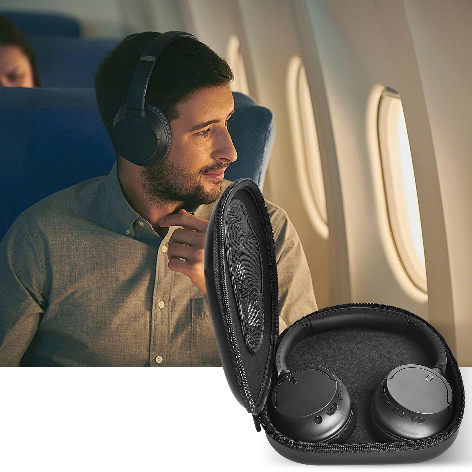 Traveler using headphones beside the open black carrying case on an airplane