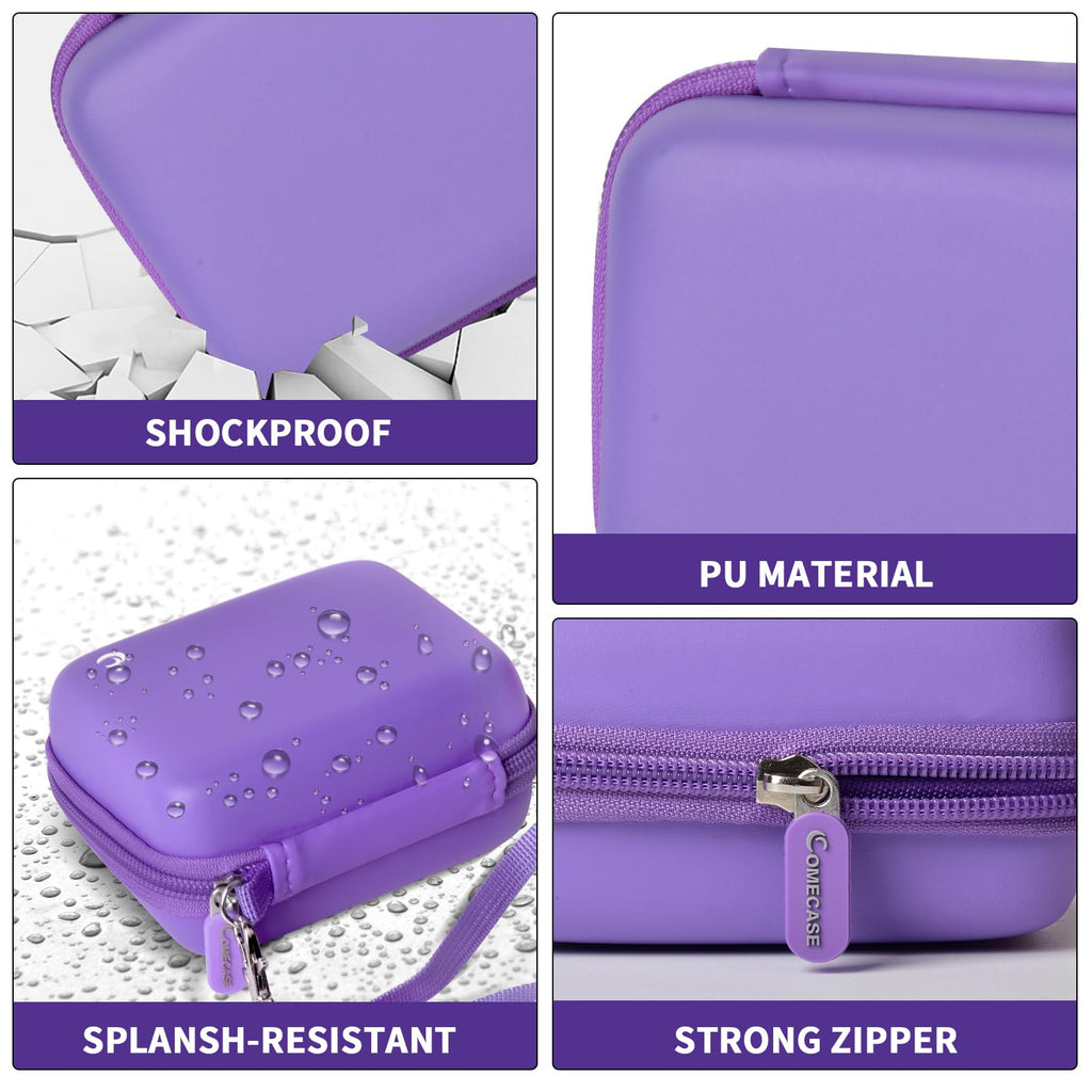 Purple camera case interior with elastic strap, mesh pocket, foam insert, and shock-absorbing padding