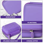 Purple camera case interior with elastic strap, mesh pocket, foam insert, and shock-absorbing padding