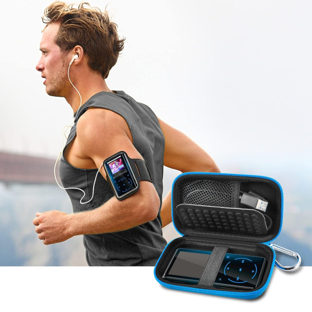 Runner using an MP3 player beside the open blue protective case