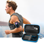 Runner using an MP3 player beside the open blue protective case
