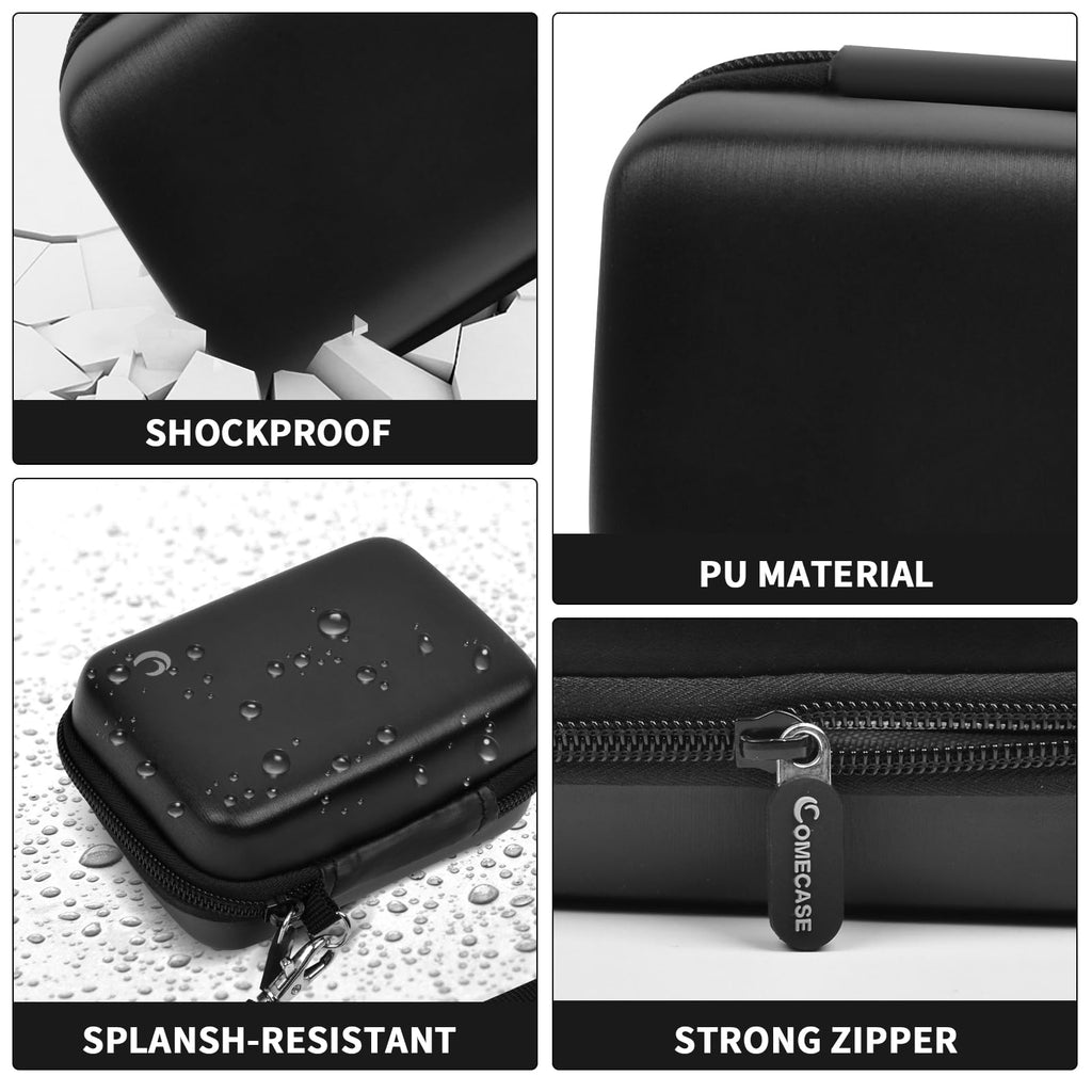 Black and gray camera case interior with elastic strap, mesh pocket, foam insert, and shock-absorbing padding