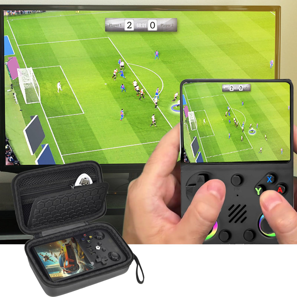 Black retro handheld console carrying case for R36MAX and R36 PRO shown open beside a handheld console during gameplay