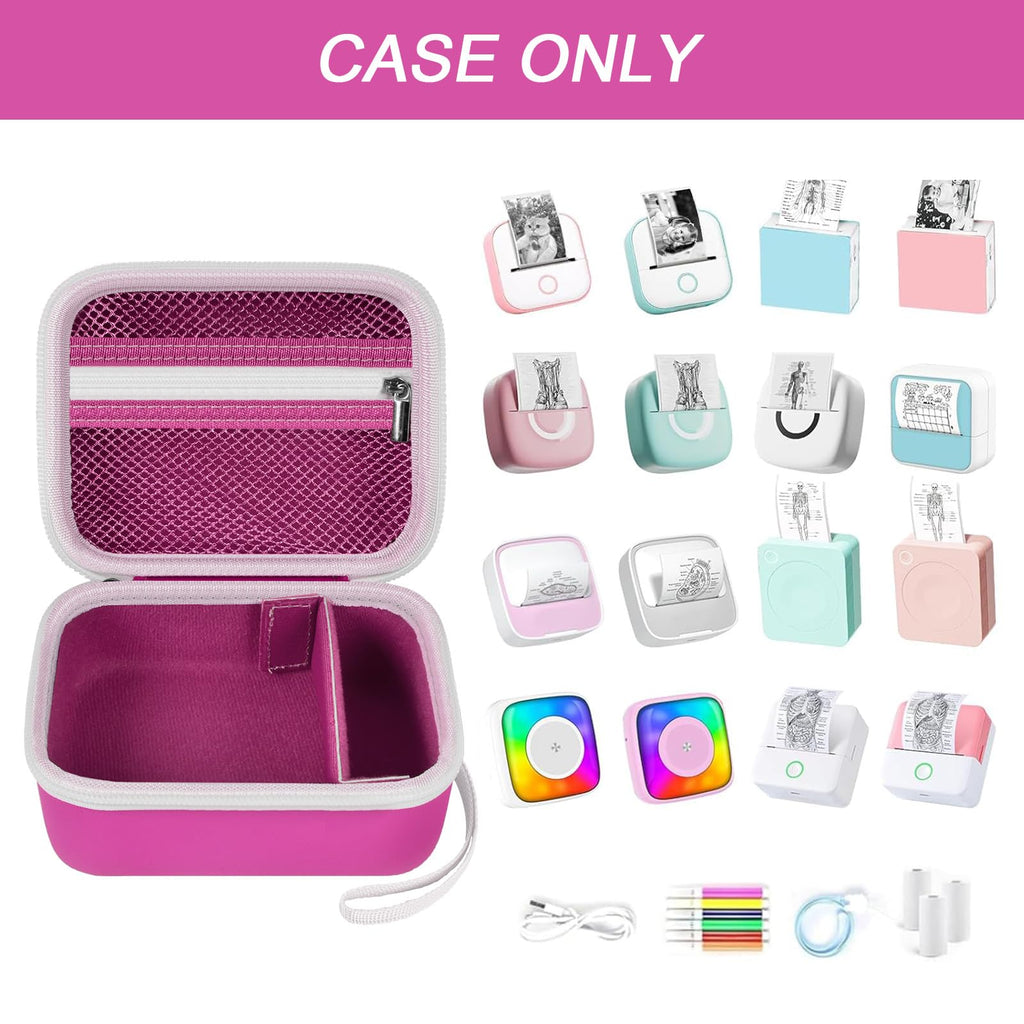 Open magenta mini label printer case shown with compatible Memoking and Phomemo printers; case only