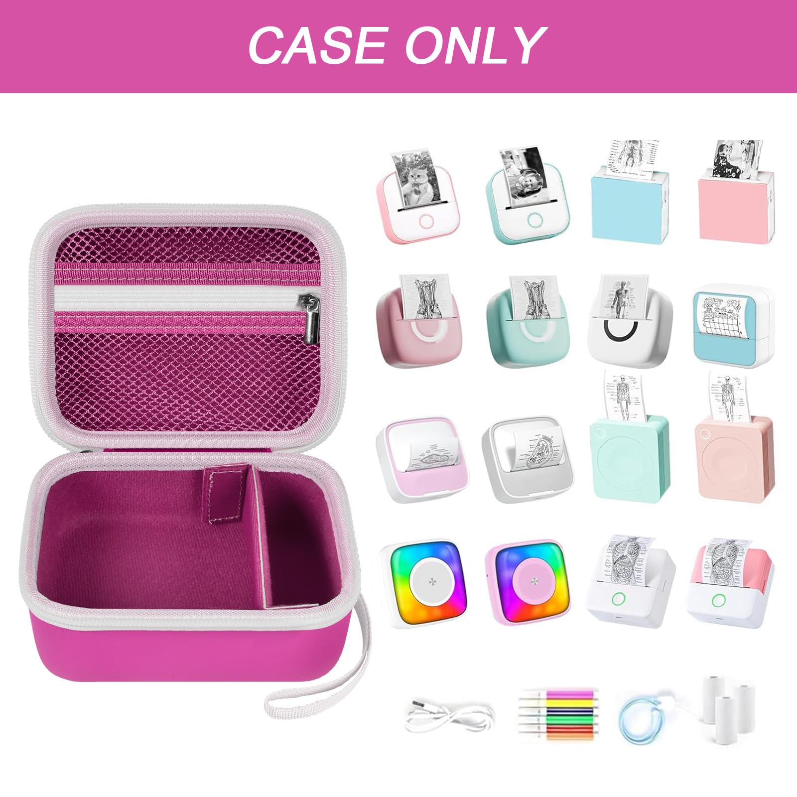Open magenta mini label printer case shown with compatible Memoking and Phomemo printers; case only
