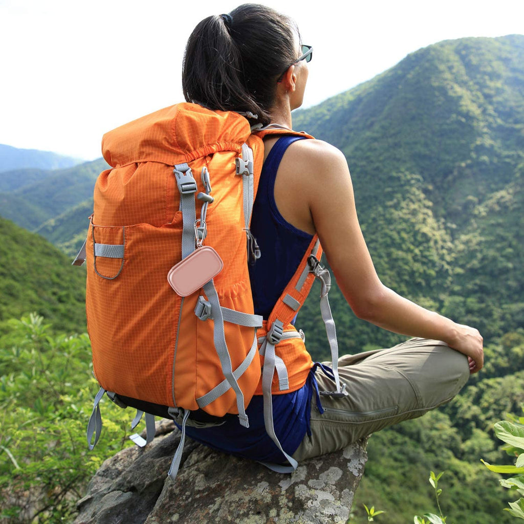 Rose gold music player case clipped to a hiking backpack