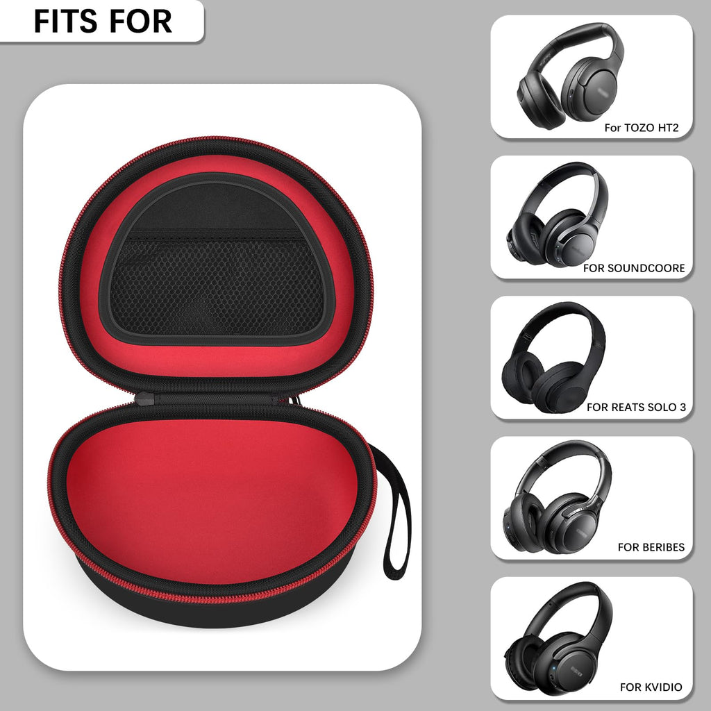 Open black and red extra-large headphone case shown with compatible over-ear headphone styles