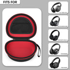 Open black and red extra-large headphone case shown with compatible over-ear headphone styles