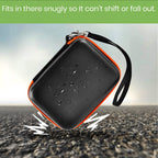 Black and orange hard drive case demonstrating water-resistant and impact-protective shell