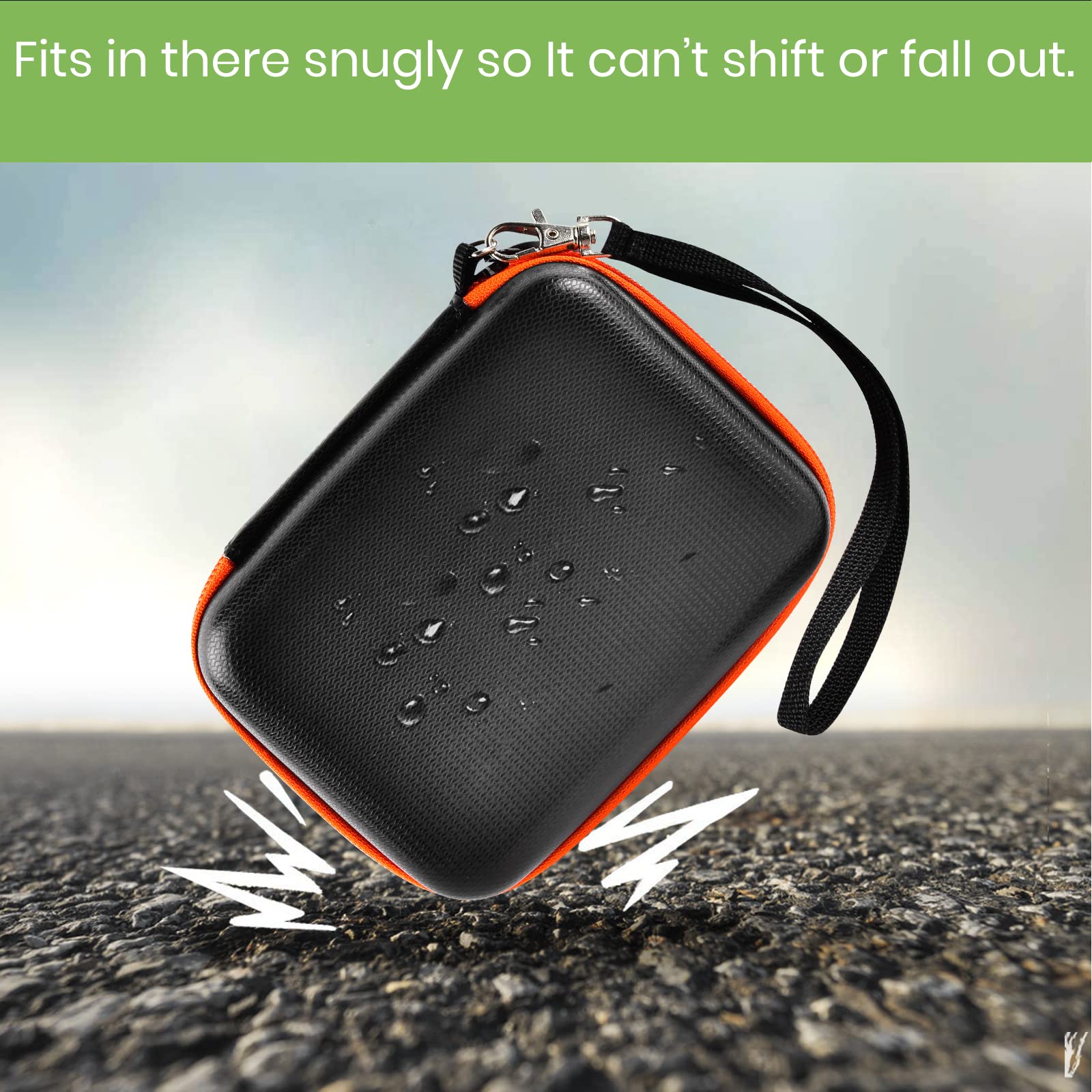 Black and orange hard drive case demonstrating water-resistant and impact-protective shell