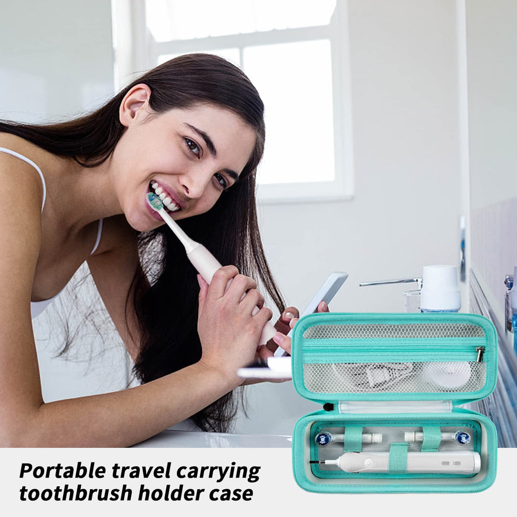 Woman using an electric toothbrush beside the open teal travel case