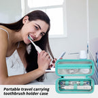 Woman using an electric toothbrush beside the open teal travel case