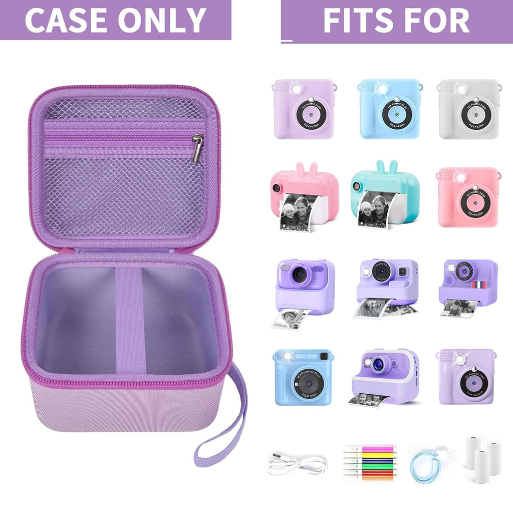 Lavender kids instant print camera case shown open beside a compatible kids instant print camera and accessories