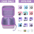 Lavender kids instant print camera case shown open beside a compatible kids instant print camera and accessories