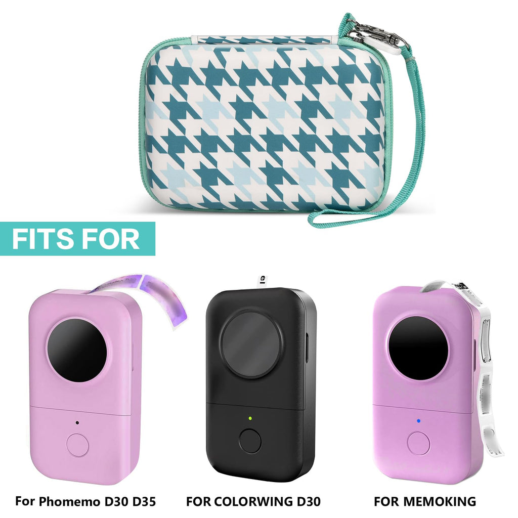 Teal houndstooth case shown with compatible Phomemo and Memoking mini printers