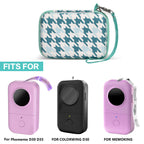 Teal houndstooth case shown with compatible Phomemo and Memoking mini printers