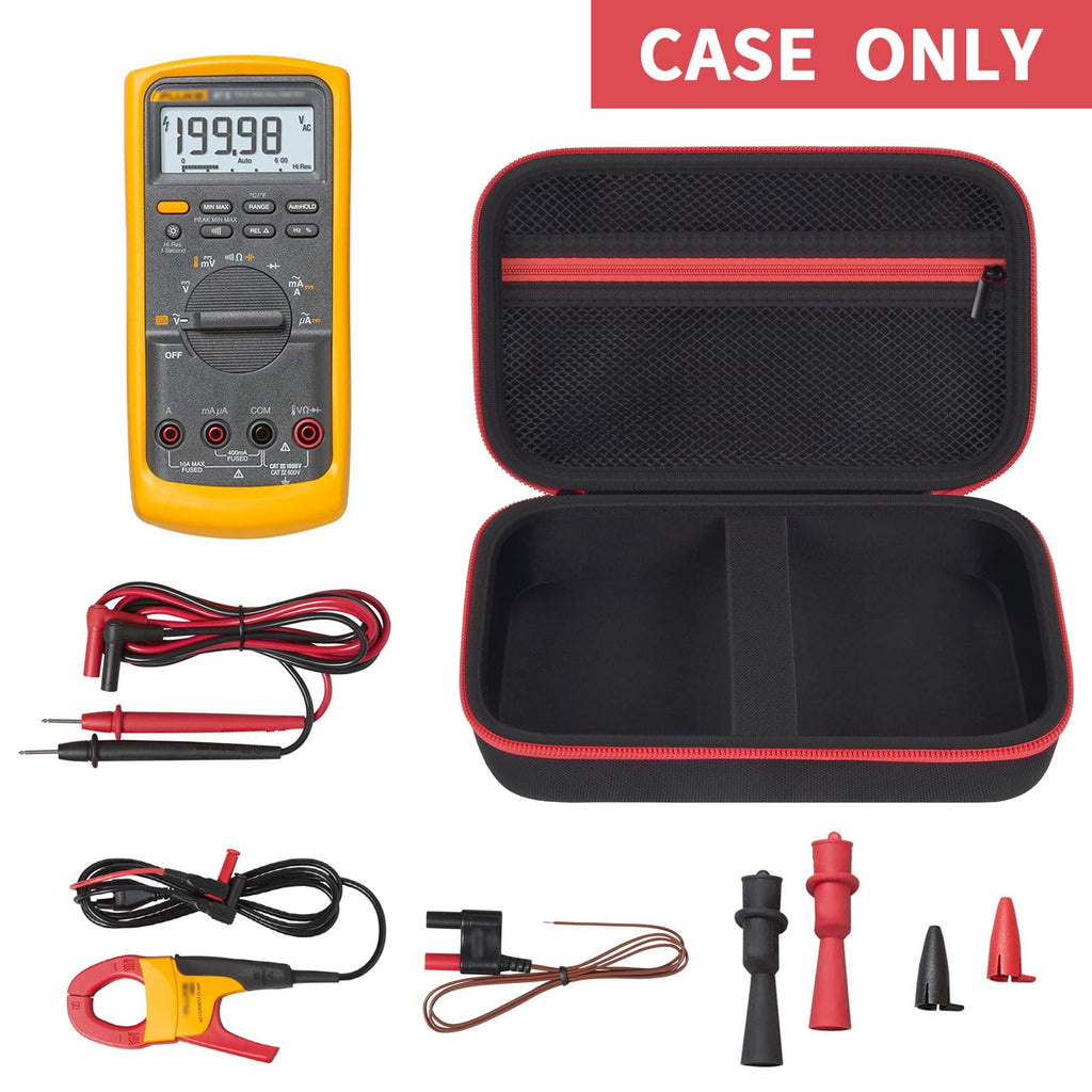 Open black and red multimeter case with mesh pocket, test leads, probes, and accessories; case only