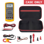 Open black and red multimeter case with mesh pocket, test leads, probes, and accessories; case only