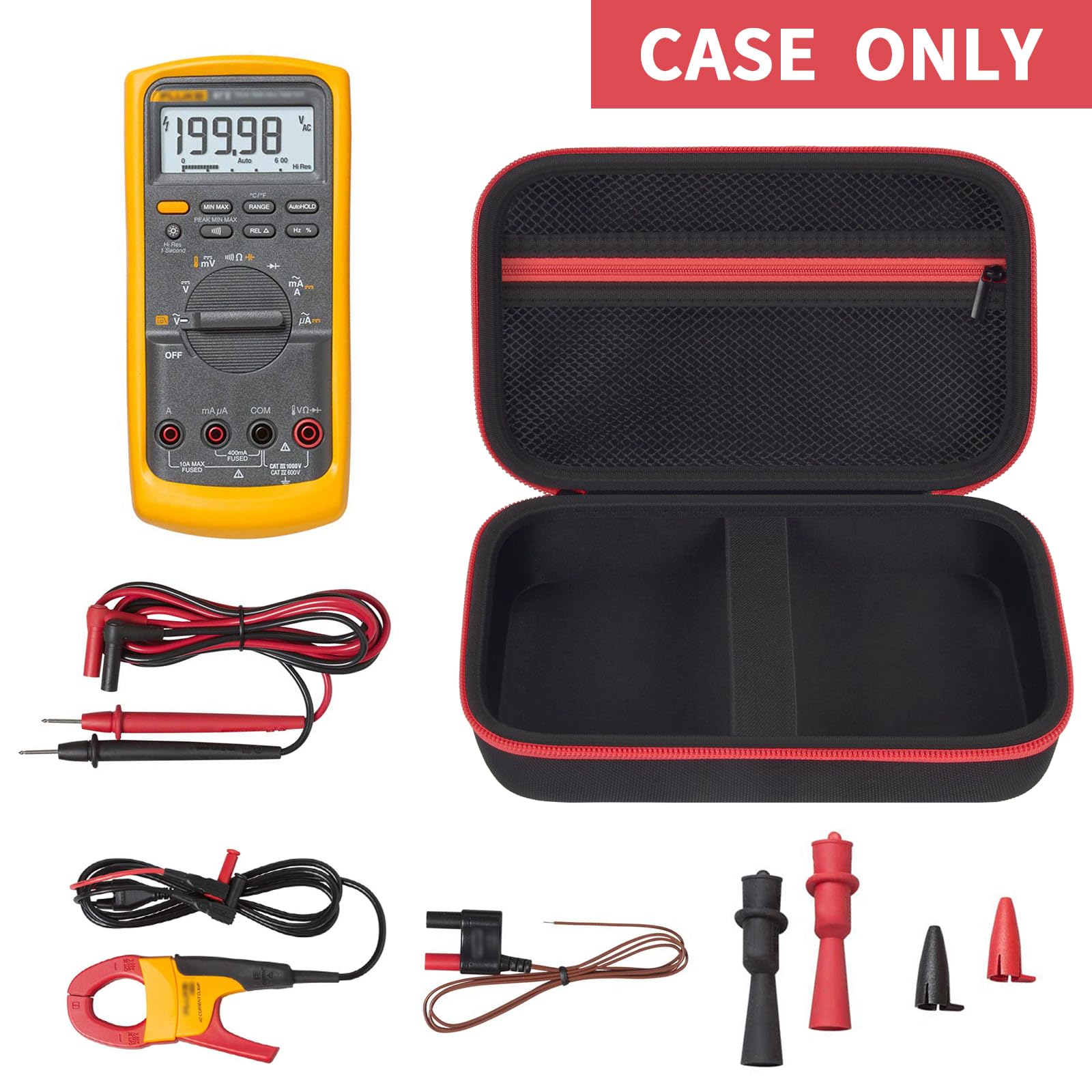 Open black and red multimeter case with mesh pocket, test leads, probes, and accessories; case only