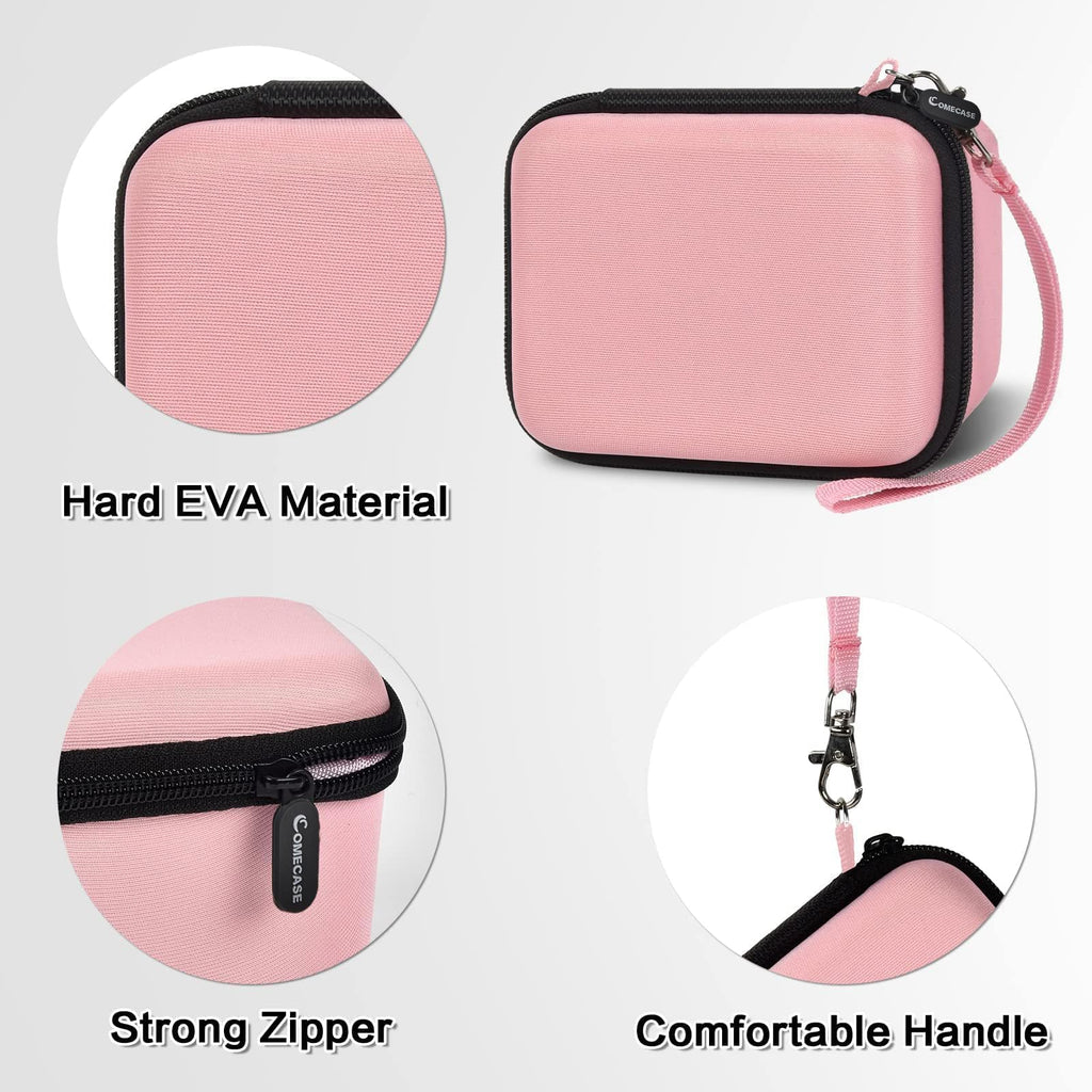 Pink camera case with hard EVA shell, strong zipper, and carrying strap