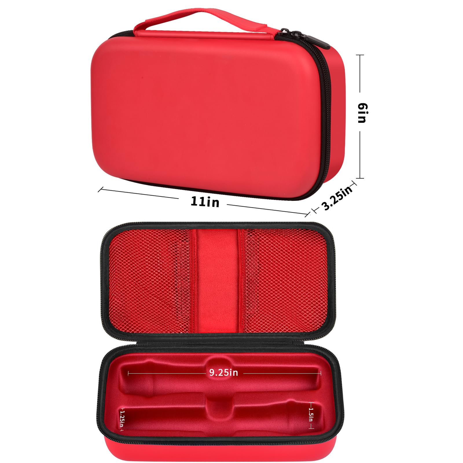 Red JBL wireless microphone case dimensions with dual storage layout