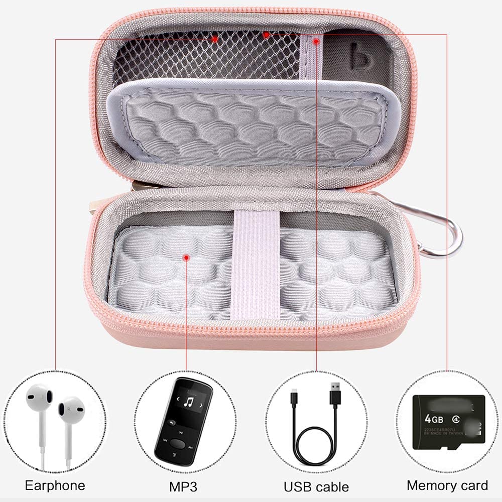 Open rose gold MP3 and MP4 player case with molded padding, mesh pocket, and elastic straps