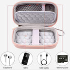 Open rose gold MP3 and MP4 player case with molded padding, mesh pocket, and elastic straps