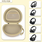 Open beige extra-large headphone case shown with compatible over-ear headphone styles