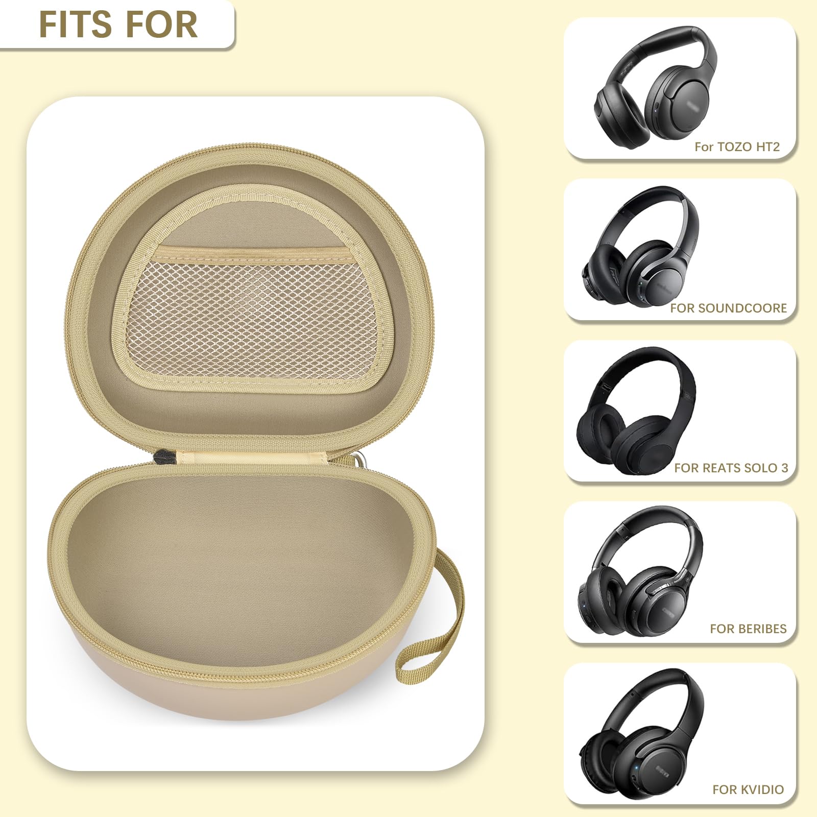 Open beige extra-large headphone case shown with compatible over-ear headphone styles