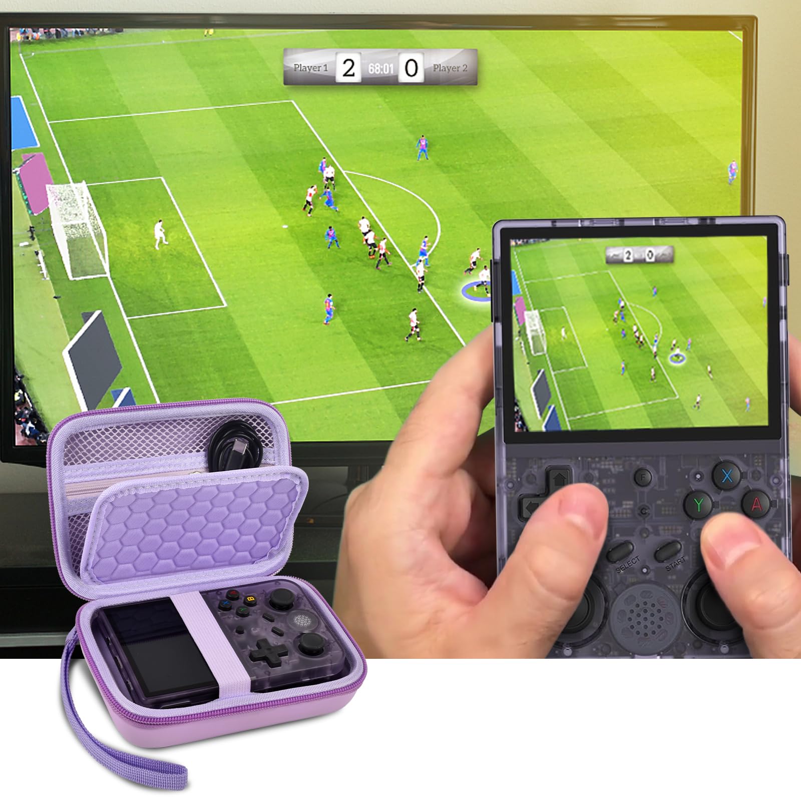 Lavender retro handheld console carrying case shown open beside a handheld console during gameplay