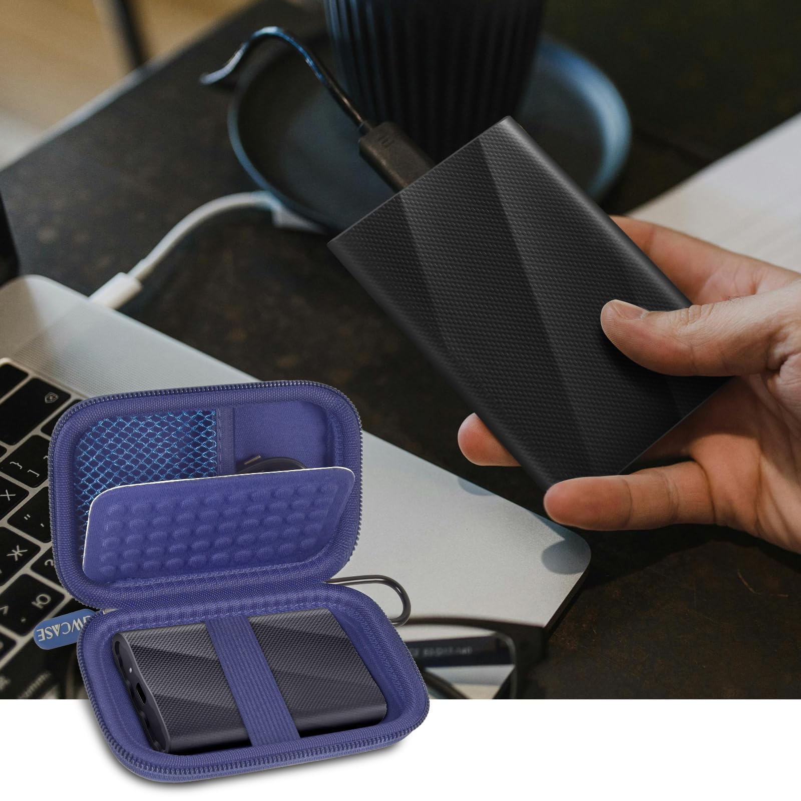 Blue portable SSD case organizing an external drive beside a laptop
