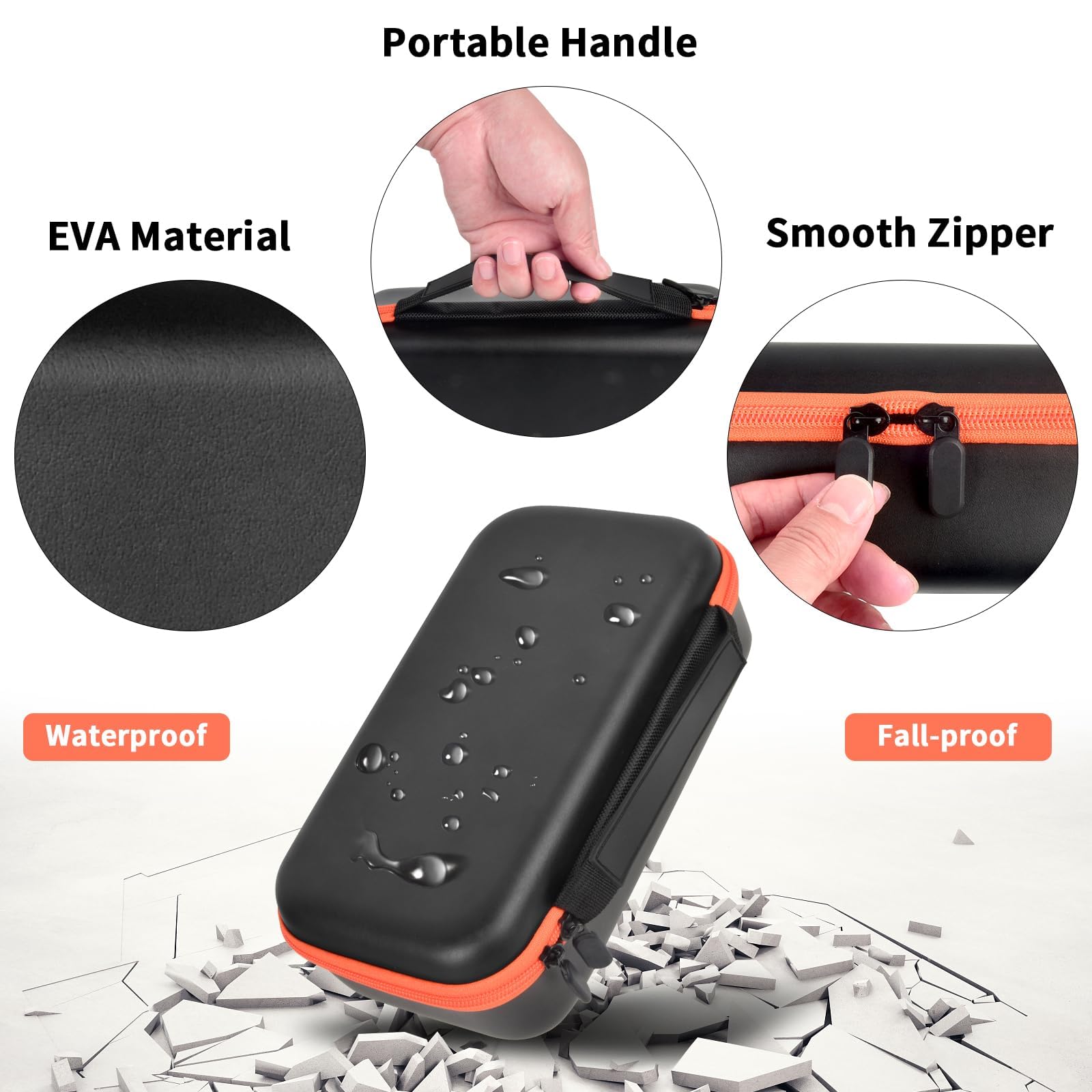 Black and orange dual microphone case with EVA shell, portable handle, smooth zipper, and water-resistant protection