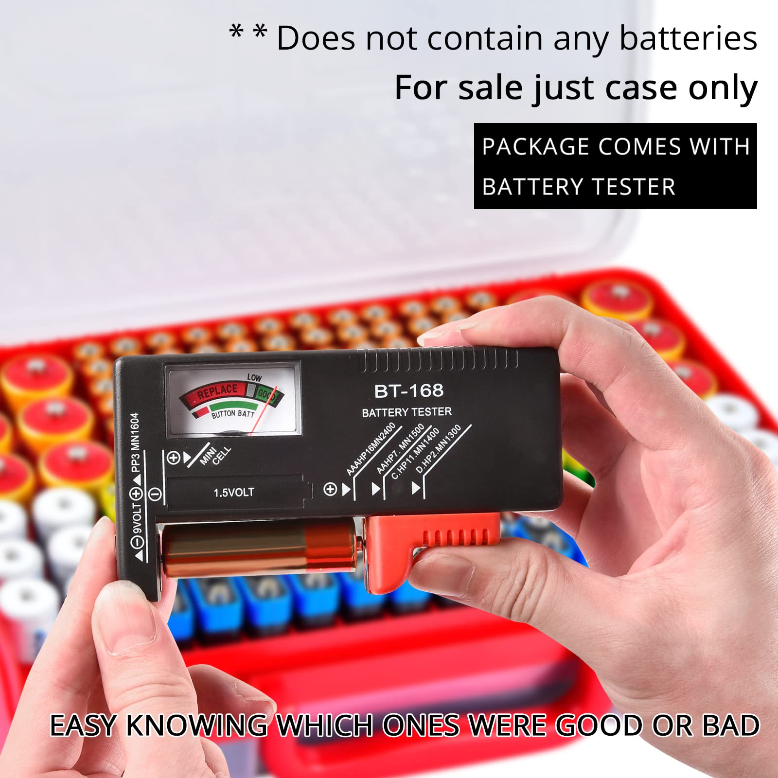 Red 269-slot battery organizer case included battery tester checking battery condition