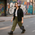 Woman wearing headphones and carrying the black case by its wrist strap