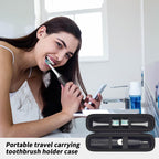 Woman using an electric toothbrush beside the open black slim case